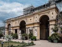 Orangerieschloss  The Orangery Palace (German: Orangerieschloss). also known as the New Orangery on the Klausberg, or just the Orangery. It was built on behest of the "Romantic on the Throne", King Friedrich Wilhelm IV (Frederick William IV of Prussia) from 1851 to 1864. The building, with its 300 meter long front, was built in the style of the Italian Renaissance, after the image of the Villa Medici in Rome and the Uffizi in Florence. The middle building with its twin towers is the actual palace. This building is joined to the 103 meter long and 16 meter wide Plant Hall, with its almost ceiling-to-floor windows on the south side. In the western hall, the original floor duct heating system is still present and functioning. In the alcoves along the garden side of the castle annex, there are allegorical figures of the months and seasons. In the corner building at the end of the Orangery Hall were the royal apartments and the servants' quarters. : 2016, Fujifilm, Potsdam, digital image, historia, history, kaupunki, kesäloma, matka, summer holiday, town, travel