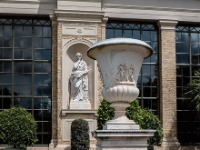 Vase and lady  Another vase iin the garden and a female figurine in the back in front of the Orangery plant hall. : 2016, Fujifilm, Potsdam, digital image, historia, history, kaupunki, kesäloma, matka, summer holiday, town, travel