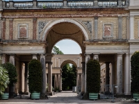 Orangerieschloss  The Orangery Palace (German: Orangerieschloss). also known as the New Orangery on the Klausberg, or just the Orangery. It was built on behest of the "Romantic on the Throne", King Friedrich Wilhelm IV (Frederick William IV of Prussia) from 1851 to 1864. The building, with its 300 meter long front, was built in the style of the Italian Renaissance, after the image of the Villa Medici in Rome and the Uffizi in Florence. The middle building with its twin towers is the actual palace. This building is joined to the 103 meter long and 16 meter wide Plant Hall, with its almost ceiling-to-floor windows on the south side. In the western hall, the original floor duct heating system is still present and functioning. In the alcoves along the garden side of the castle annex, there are allegorical figures of the months and seasons. In the corner building at the end of the Orangery Hall were the royal apartments and the servants' quarters. : 2016, Fujifilm, Potsdam, digital image, historia, history, kaupunki, kesäloma, matka, summer holiday, town, travel