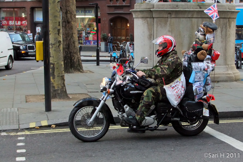 DSCF2843.jpg - A man and his dog selling Remembrance Day (also known as Poppy Day or Armistice Day) poppies and other stuff as well.