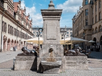 Löwenbrunnen  It is located on the Naschmarkt opposite the main entrance of the Madler Passage and was built in 1918, on the location of buildings dating from 1690. Fountain is reached by three steps that surround it and is decorated with mythical creatures and marine sandstone reliefs. On the copper painted hood, there was a pyramid, crowned at the tip with a golden sun. : 2016, DEU, Fujifilm, Germany, LG G3, Leipzig, Sachsen, Saksa, digital image, historia, history, kaupunki, kesäloma, lLeipzig, matka, phone image, summer holiday, town, travel