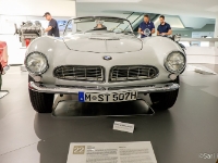 BMW 507  BMW 507, 1955. The BMW 507 is a roadster that was produced by BMW from 1956 to 1959. Initially intended to be exported to the United States at a rate of thousands per year, it ended up being too expensive, resulting in a total production figure of 252 cars and heavy losses for BMW. The engine was BMW's aluminium alloy OHV V8, of 3,168 cc displacement, with pushrod-operated overhead valves. It had two Zenith 32NDIX two-barrel carburetors, a chain-driven oil pump, high-lift cams, a different spark advance curve, polished combustion chamber surfaces, and a compression ratio of 7.8:1, yielding 150 metric horsepower (110 kW) DIN at 5,000 rpm. It was mated to a close ratio four-speed manual transmission. : 2016, BMW, BMW Museum, BMW Welt, Fujifilm, LG G3, Munich, München, car, digital image, historia, history, kesäloma, matka, motorbike, phone image, summer holiday, travel