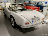 BMW 507  BMW 507, 1955. The BMW 507 is a roadster that was produced by BMW from 1956 to 1959. Initially intended to be exported to the United States at a rate of thousands per year, it ended up being too expensive, resulting in a total production figure of 252 cars and heavy losses for BMW. The engine was BMW's aluminium alloy OHV V8, of 3,168 cc displacement, with pushrod-operated overhead valves. It had two Zenith 32NDIX two-barrel carburetors, a chain-driven oil pump, high-lift cams, a different spark advance curve, polished combustion chamber surfaces, and a compression ratio of 7.8:1, yielding 150 metric horsepower (110 kW) DIN at 5,000 rpm. It was mated to a close ratio four-speed manual transmission. : 2016, BMW, BMW Museum, BMW Welt, Fujifilm, LG G3, Munich, München, car, digital image, historia, history, kesäloma, matka, motorbike, phone image, summer holiday, travel